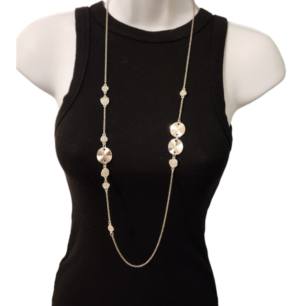🆕️ Long Silvertone Necklace eEmbellished with Rhinestones